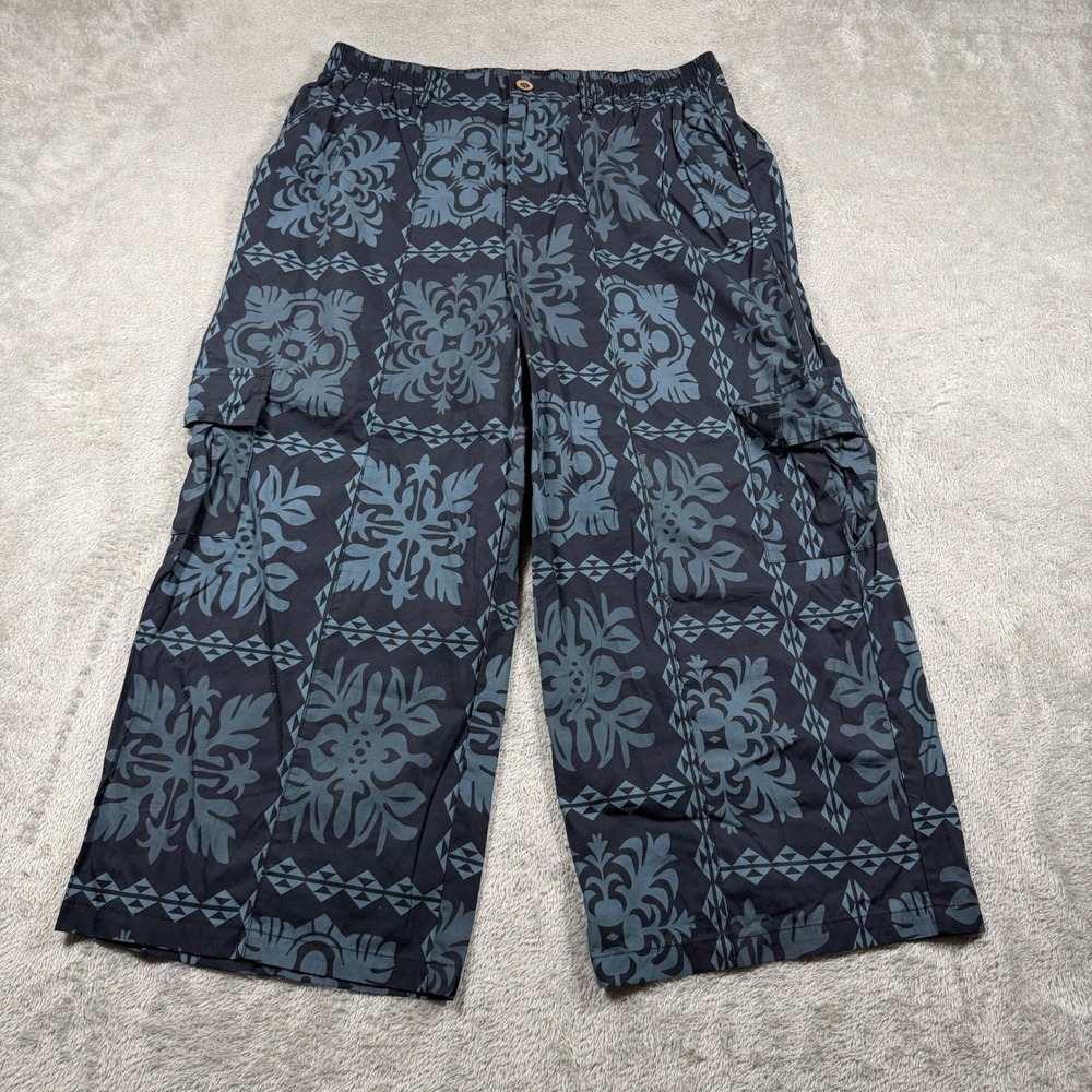 Lexbreezy Hawaii Wide Leg Cropped Cargo Pants Women XL Black Blue Floral Tribal